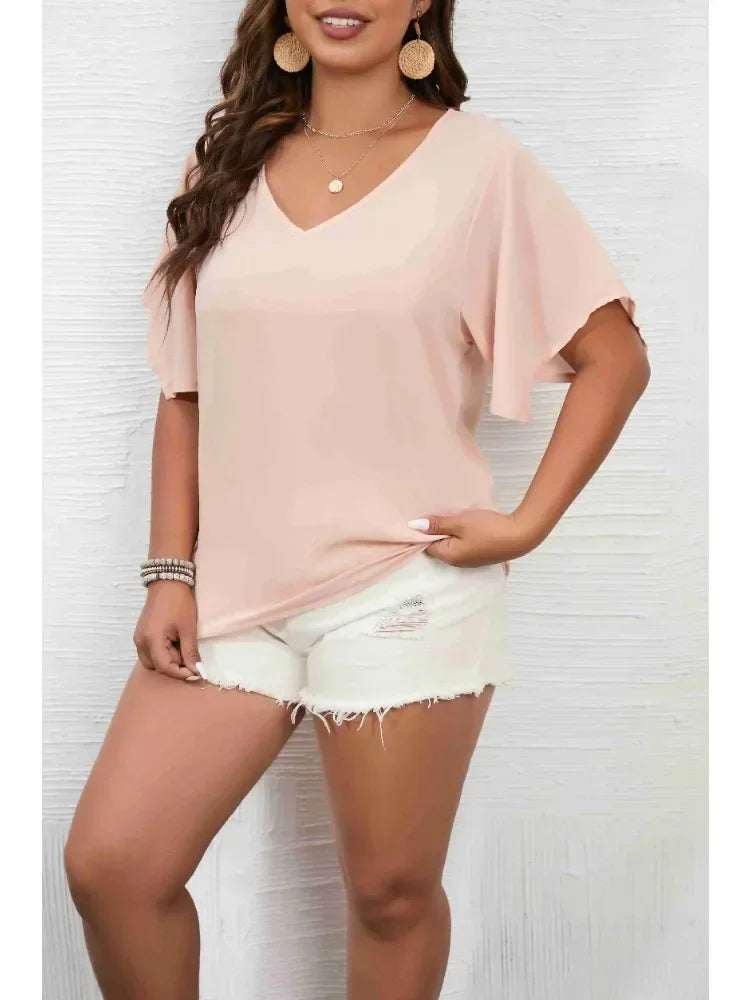 Women's Plus Size 1XL-5XL Solid Color Short Sleeve Blouse V Neck Bell Sleeve Blouse Casual Pullovers Shirt Top