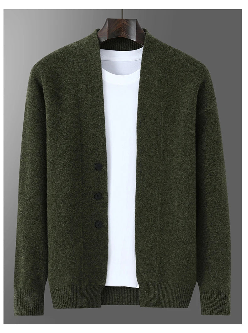 2025 Autumn Winter New Thick Cardigan 100% Pure Wool Men's Versatile Jacket V-Neck Loose Casual Highend Knitted Cashmere Sweater
