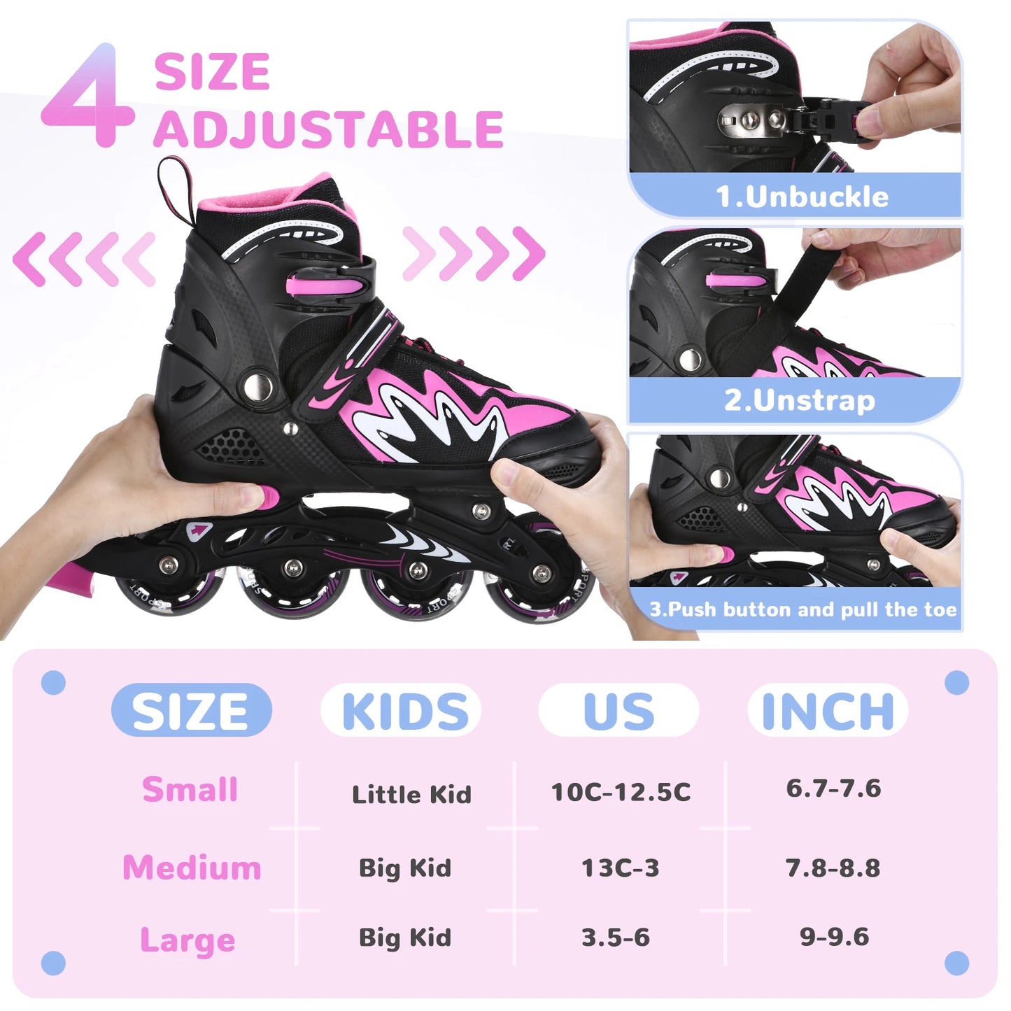 Tomshoo Roller Blades Kids Adjustable Roller Skates w Light-Up Wheels Secure Triple Girls Boys Toddler Smooth Quiet Rollerblades