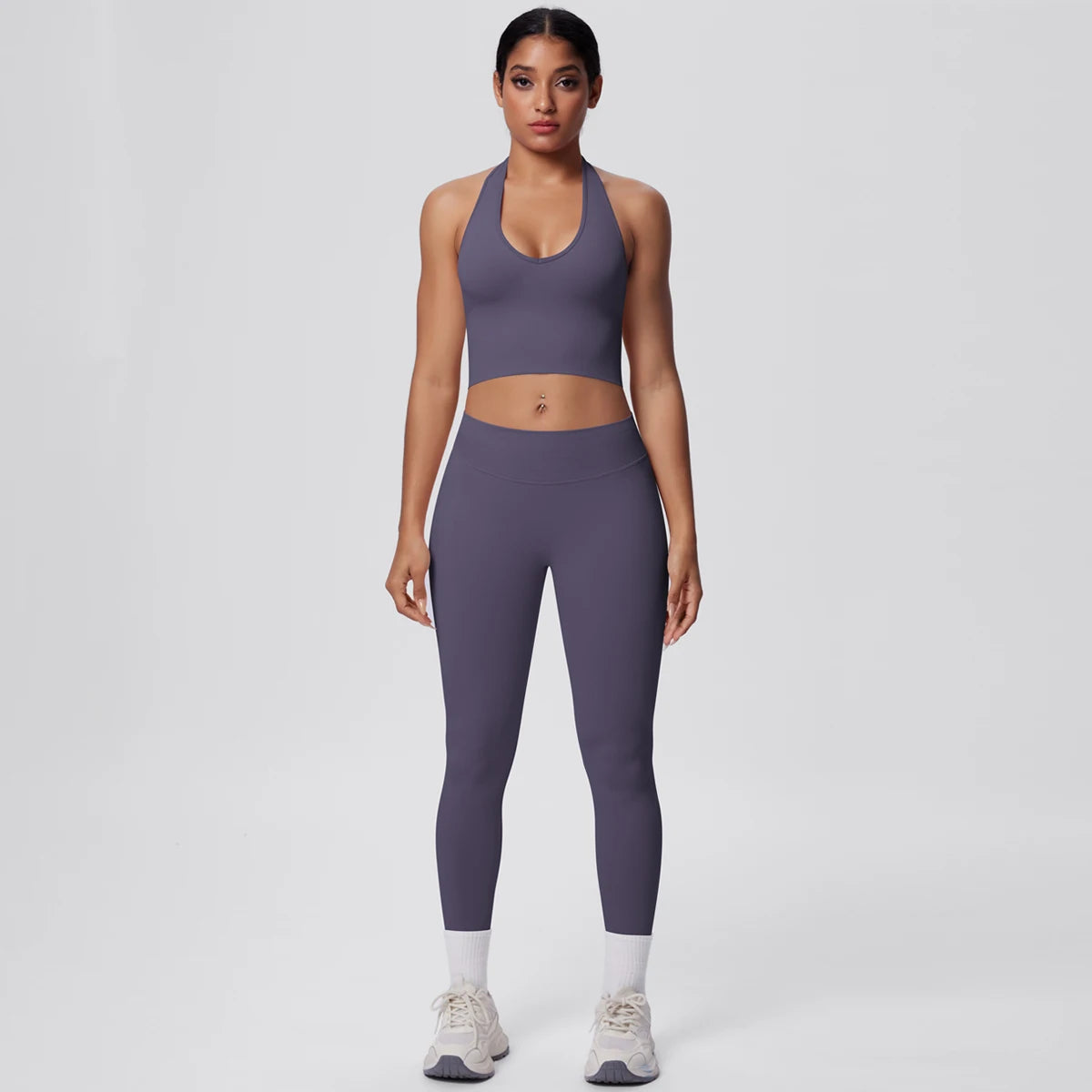 Solid Color Backless Breathable 2pieces Set for Woman High Strength Training Yoga Set Hanging Neck Bra Gym Push Up Fitness Pants