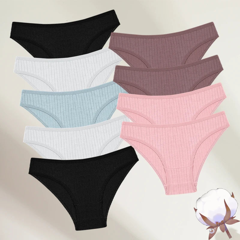 FINETOO 9PCS/SET Cotton Striped Underwear Women's Panties Sexy Soft Solid Color Briefs Female Comfortable Stretch Lingerie M-XL