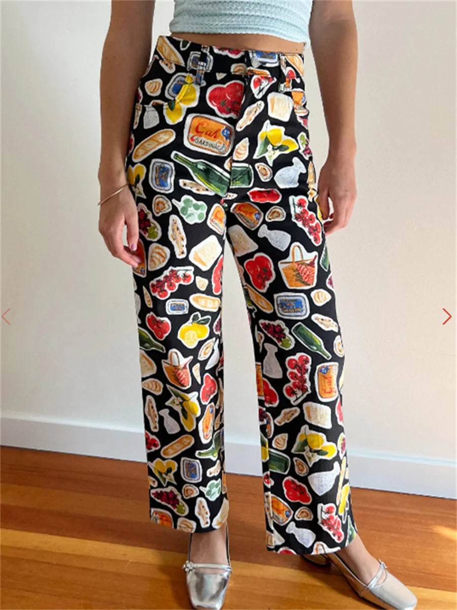 Women Y2k Fruit Print Jeans Pants Graphic Print High Neck Straight Leg Denim Pants Aesthetic Jeans Summer Streetwear