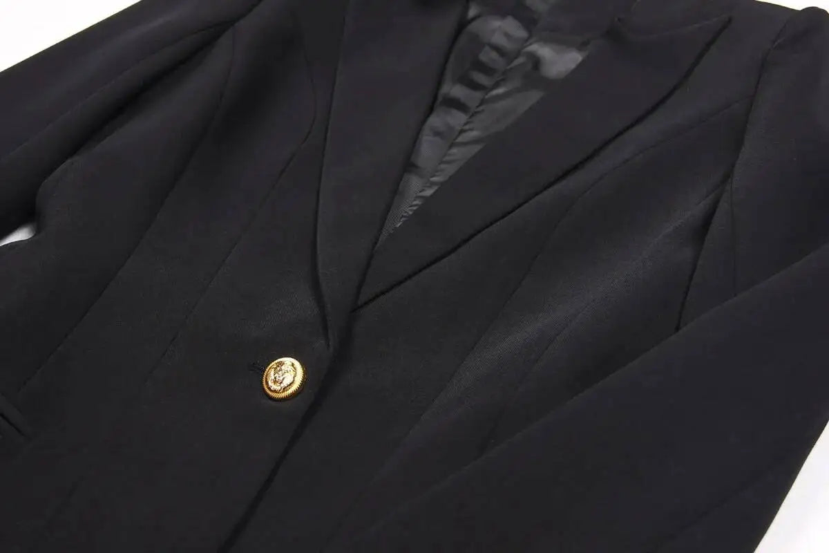LGRQ 2026 Spring Fashion Women Clothes Notched Collar Full Sleeves Metal Single Button Slim High Waist Blazer Office Lady