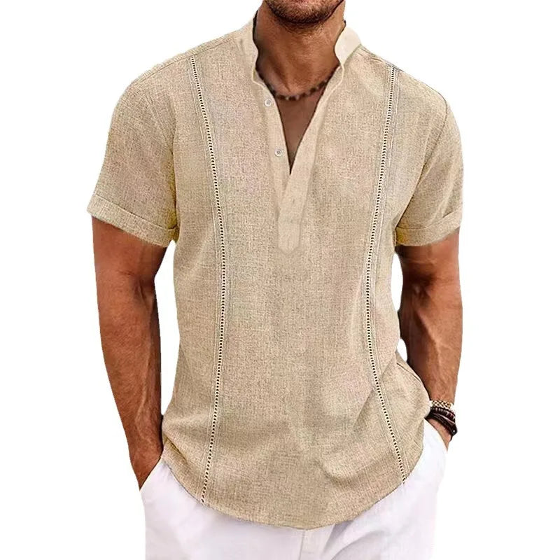 Men's Fashion Beach Holiday Shirts Summer Short Sleeve Cotton Linen T-shirt Comfort Breathable Casual Simple Lapel Tops for Men