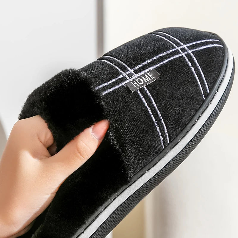 Large size 50-51 Plaid House Slippers for Man Memory Foam Winter Plush Indoor Male Shoes Warm Home Slippers 2024 Non Slip Black