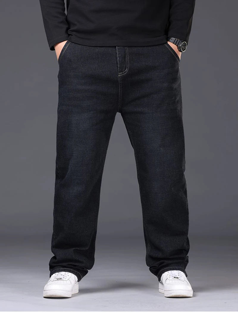 Men Fashion Plus Size 38 40 Black Jeans Male Business Daily Casual Loose Denim Pants Minimalist Stretch Straight Leg Trousers