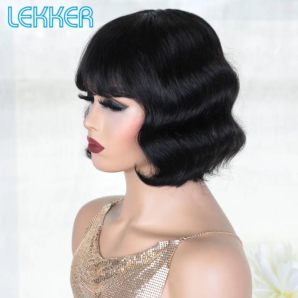 Lekker Brown Short Body Wave Bob 100% Human Hair Wigs With Bangs For Women Brazilian Remy Hair Full Machine Made Daily Bob Wigs