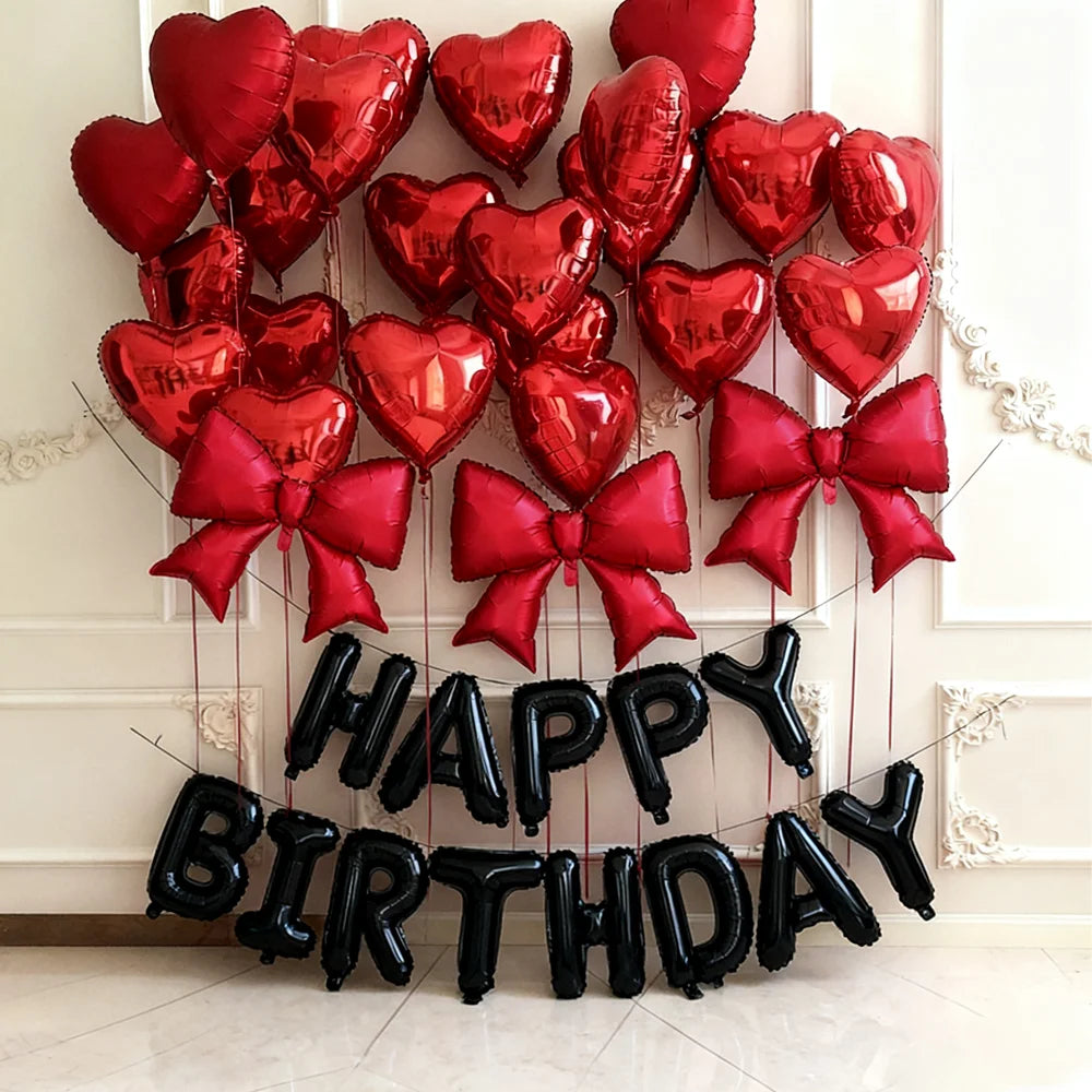 Black Happy Birthday Balloon Set Red Heart Balloon Bow Aluminum Film Balloon for Birthday Party Decoration Photography Props