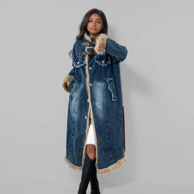 WTHT New Fashion Women's Plush Edge Belt Buckle Warm Denim Long Coat 2024 Winter Trendy Single Breasted Jacket Female 1LS178