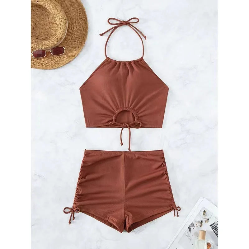 Solid Color Halter Neck Bikini Separate Swimwear Women's Sexy Strapless Top for Beach Vacation Hot Spring Summer Swimwear