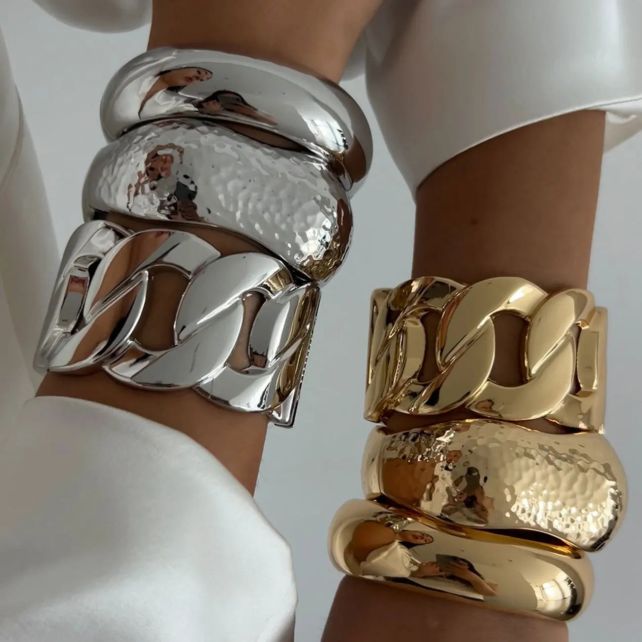 SHIXIN Exaggerated Smooth Gold Color Wide Chain Spring Bangle for Women Hip Hop Metal Geometric Cuff Bracelet Unisex Men Jewelry