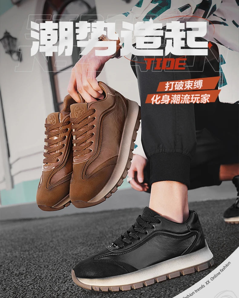 Classic Leather Casual Sneakers Men Comfortable Men's Spring Autumn Sneakers Platform Shoes Lace Up Brown Black Footwear 2025