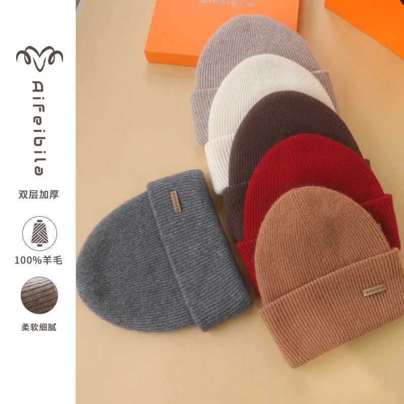 100% Merino Wool Double-Sided Beanie for Men Women Thick Soft Warm Winter Skull Caps Solid Color Knitted Beanies Hat