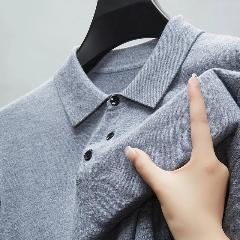 Men's Fine Wool Sweater Polo Collar Pullover Spring Autumn New Cashmere Knitwear Smart Casual Loose Men's Shirts Warm Soft Tops