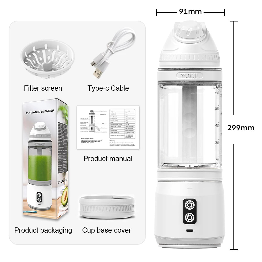 Portable Electric Juicer 700ML USB Rechargeable Fruit Milkshake Smoothie Mini Blender for kitchen travel Outdoor Camping Picnic.