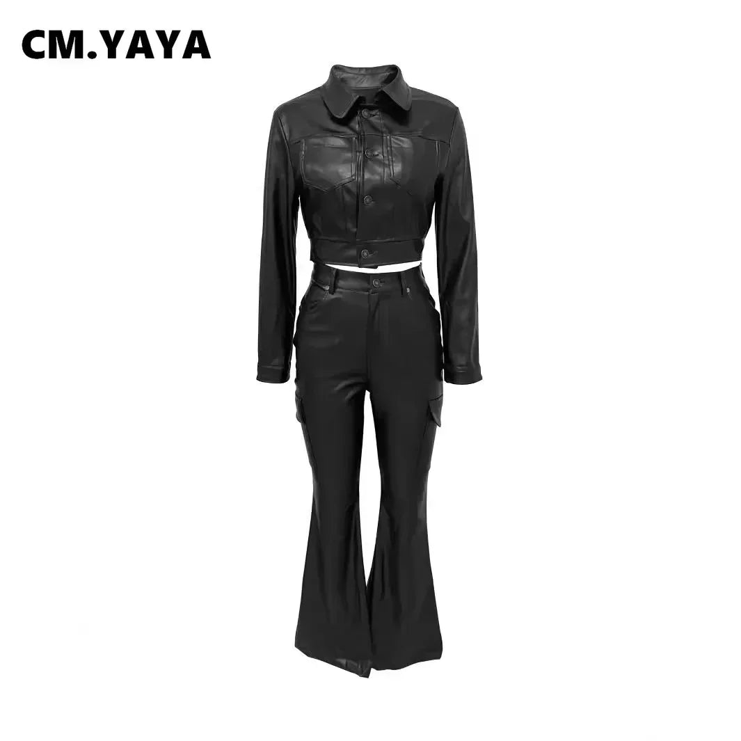CM.YAYA Faux Leather Women's Set Single Breasted Jacket and Flare Pants Suit 2024 Fall Winter Two 2 Piece Sets Outfits Tracksuit