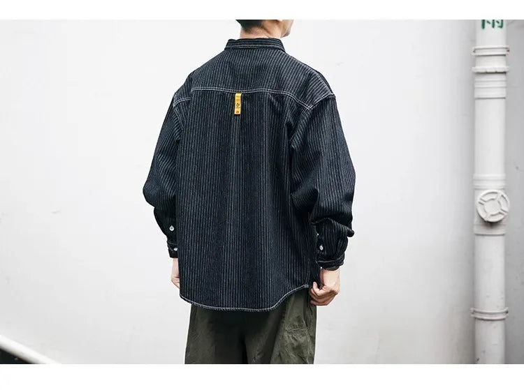 Retro Striped Loose Fit Long Sve Collared Men's Denim irt Spring Faion Workwear Jaet Youthful Wear Resistant Chinese...
