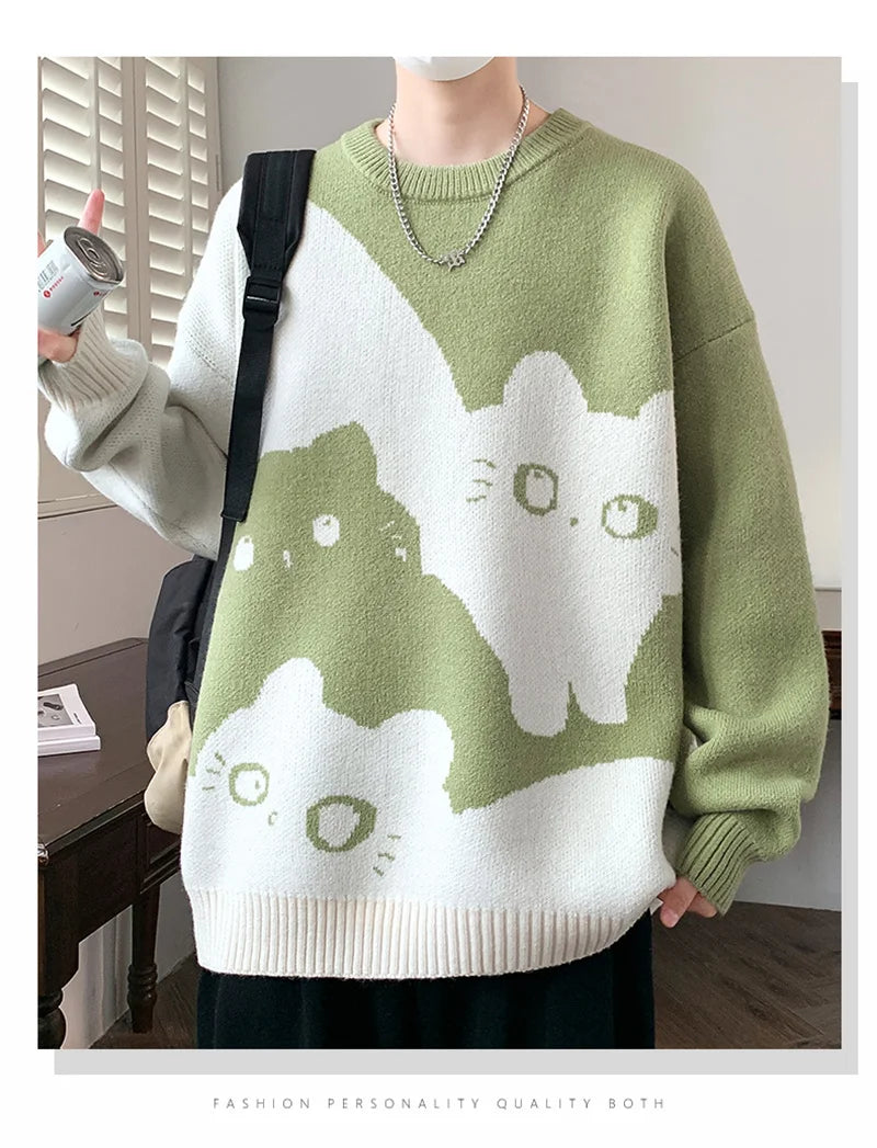 Winter Men's Anime Cat Jacquard Crewneck Knitted Sweaters Hip Hop Fashion Graphic Printed Y2K Jumpers Streetwear Knit Pullovers