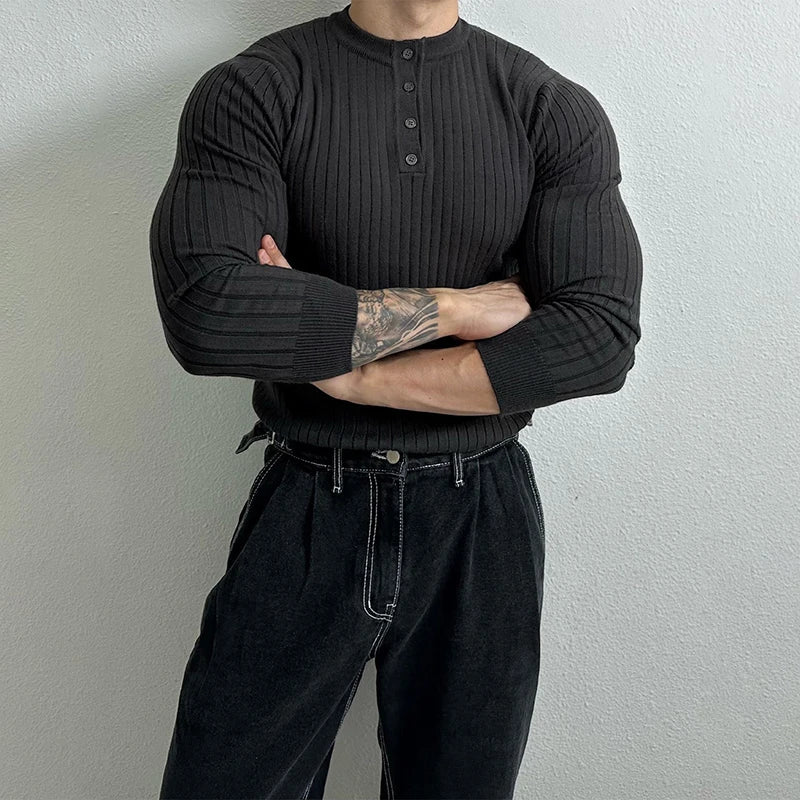 Autumn Clothing Men's Light Luxury Knit Korean Popular Henry Collar T-shirt Button-down Long Sleeve Retro Leisure Knitwear