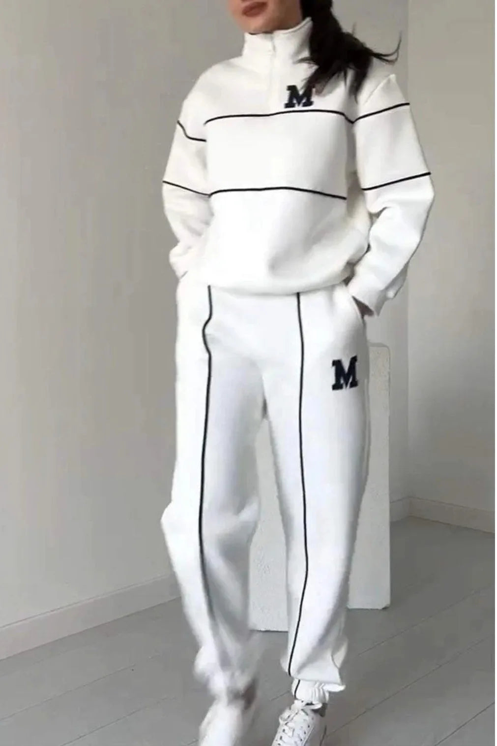 Autumn Winter Women's Fashion Letter Print Sweatshirt Set Casual Zipper Half Open Collar Long-sleeve + Sweatpants Two-piece Set