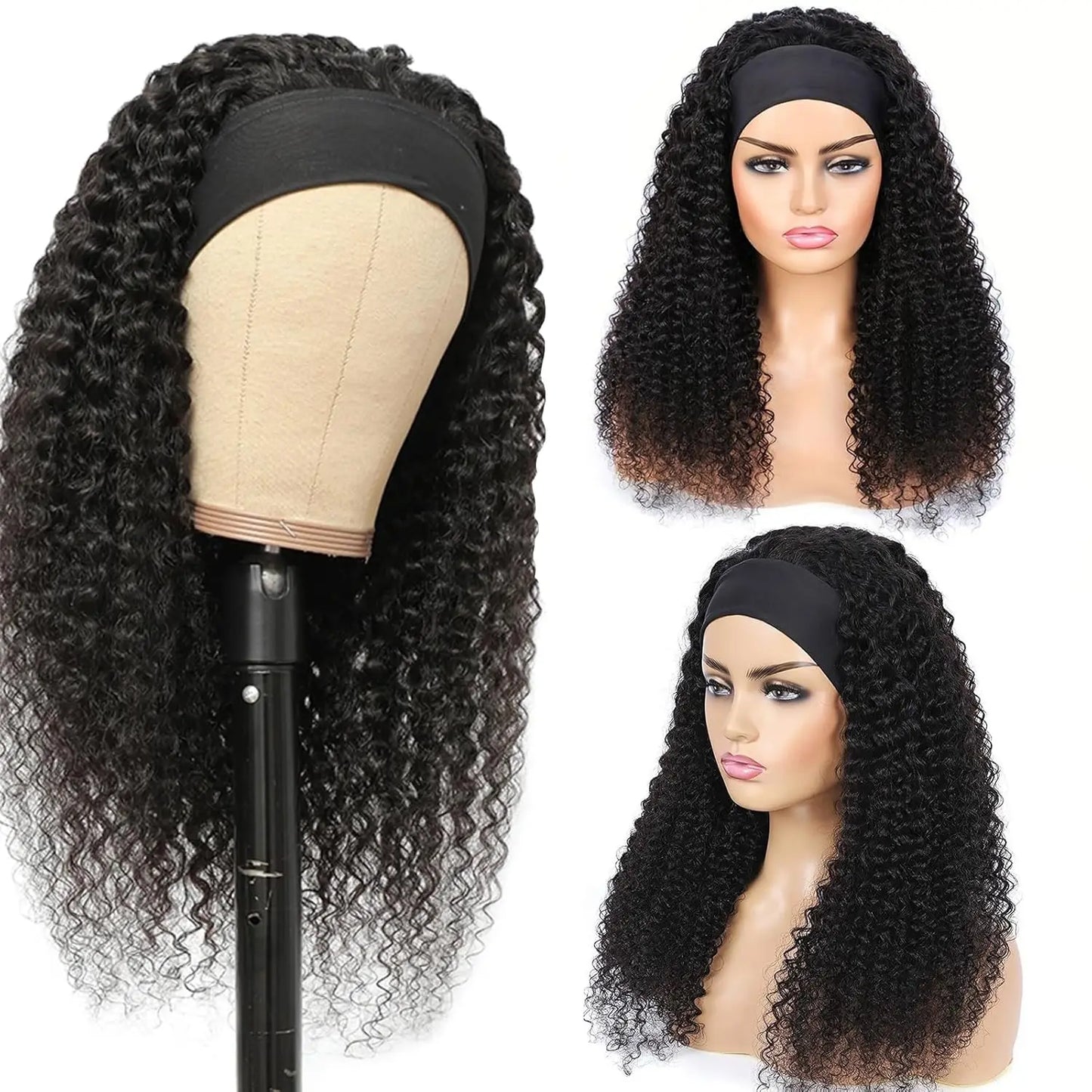 Kinky Curly Human Hair Wig 16 inch Natural Color No Gel Remy Hai Machine Made Headband Curly Scarf Wig for Black Women