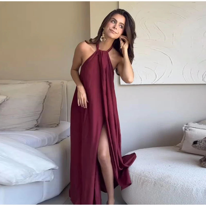 Fashion Women' S Long Dresses Halter Elegant Backless Sleeveless Split Dress Female Summer New Lady Beach Vacation Robes