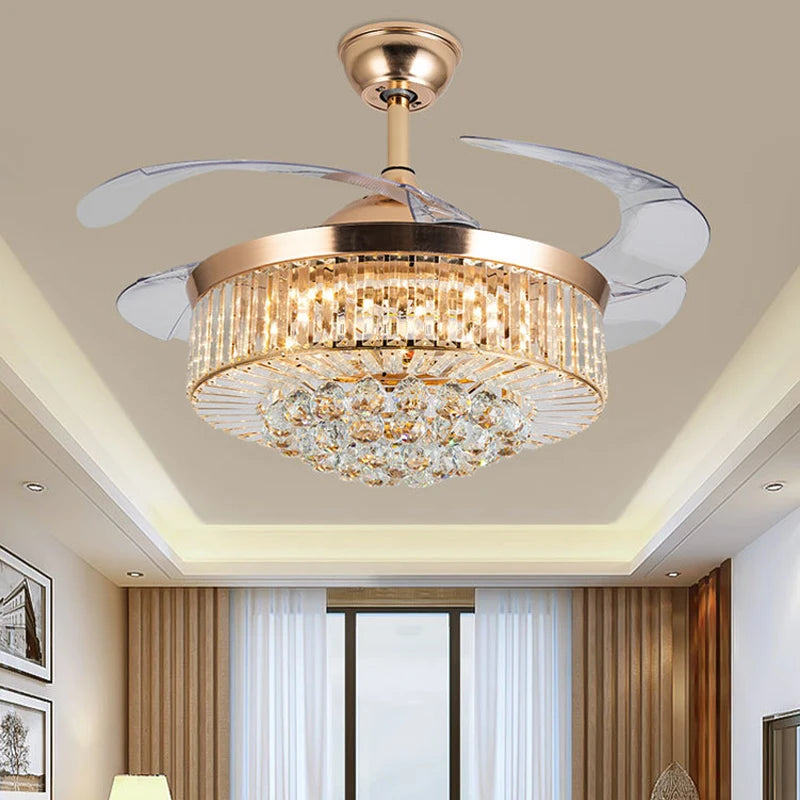 Reversible Chandelier Crystal Ceiling Dimming Modern Ceiling Fan Remote Control Retractable Invisible Blades  Fan with Stepless