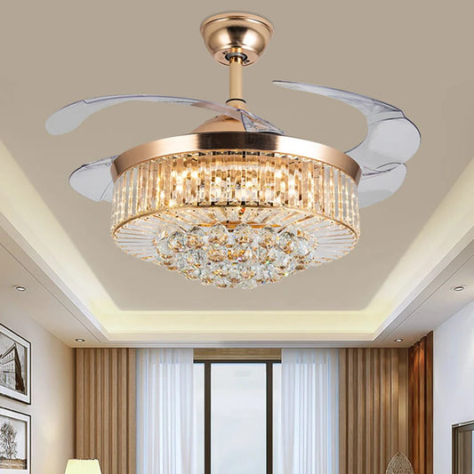 Reversible Chandelier Crystal Ceiling Dimming Modern Ceiling Fan Remote Control Retractable Invisible Blades  Fan with Stepless