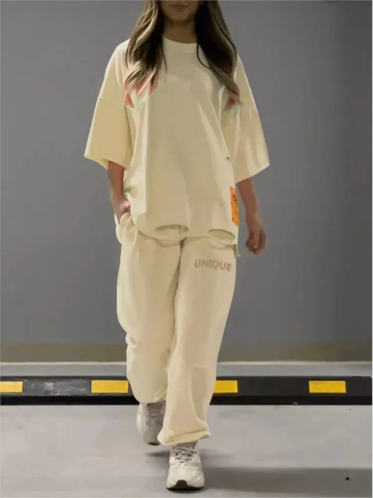 Summer New Fashion Hollowed Out O Neck T Shirt Women's 2 Piece Set Solid Color Casual Relaxed Tracksuit Pants Pocket Female Suit