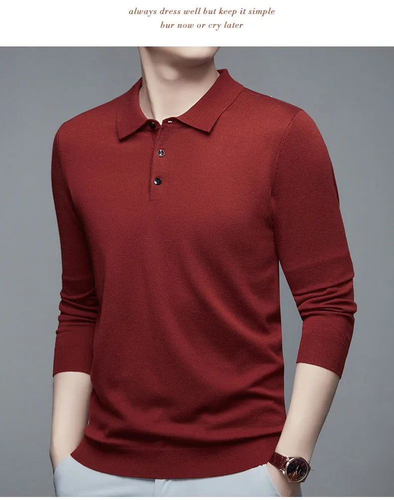 Men's Fine Wool Sweater Polo Collar Pullover Spring Autumn New Cashmere Knitwear Smart Casual Loose Men's Shirts Warm Soft Tops