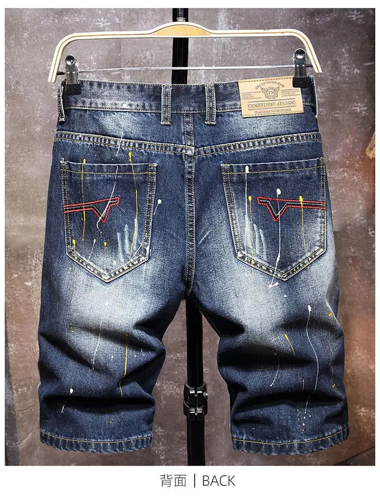 Plus Size 7XL 6XL Men's Summer Ripped Denim Shorts, Loose Straight-Cut, Painted Style, Fashionable Trendy Denim Cropped Pants