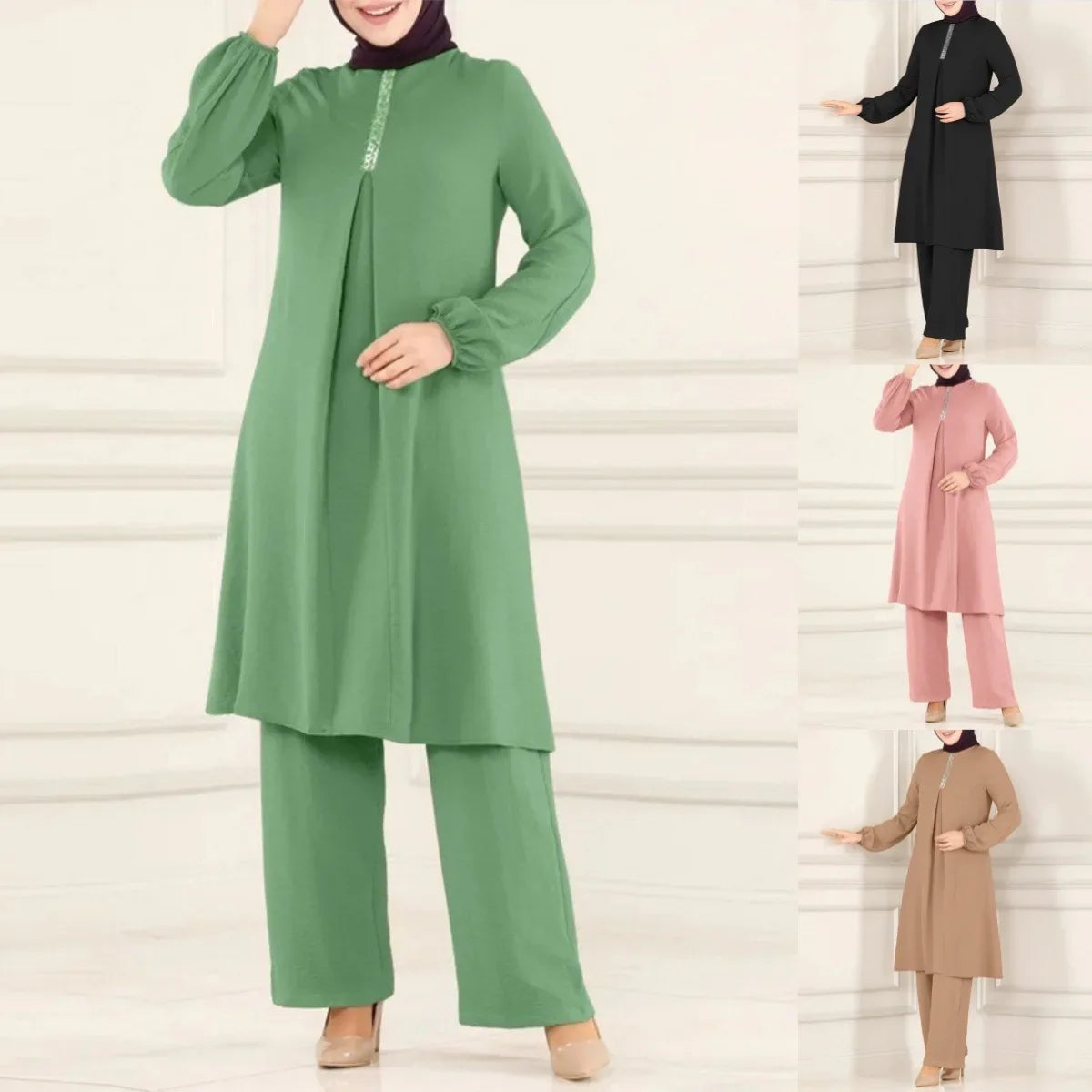 Islamic Fashion Clothing Suits for Women Spring Autumn Solid Color Elegant Abaya Long-sleeved Shirt Loose Wide-leg Pant Muslim