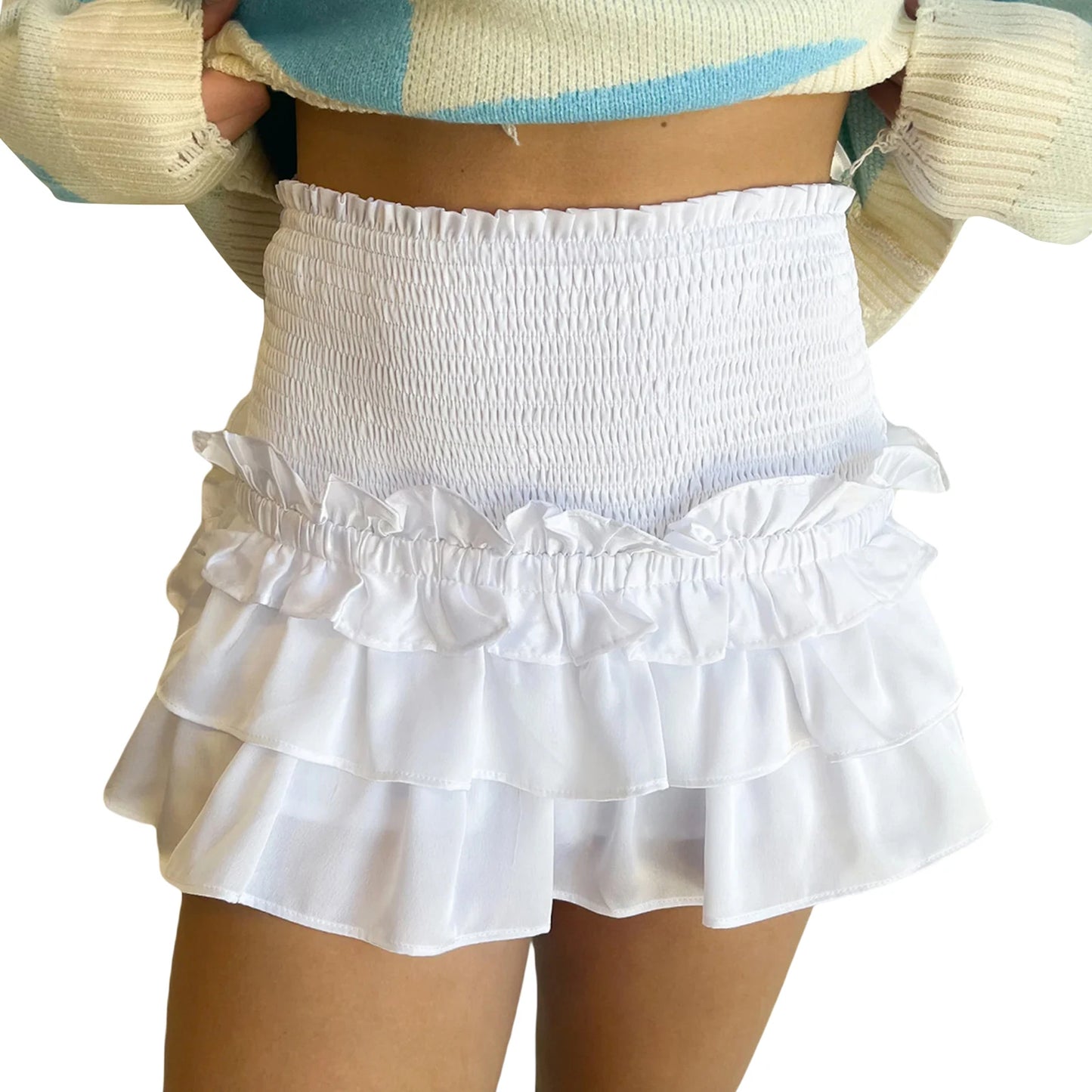 Sweet Tiered Ruffled Short Skirts Women Summer Solid Color Smocked Waist Cute Flowy Mini Layered Skirts