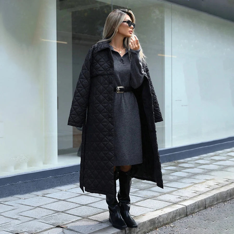 Conciso Women's Coat Spring Autumn Solid Color Lapel Gathered Waist Office Versatile Parka Long Belt Diamondback Jacket M25002