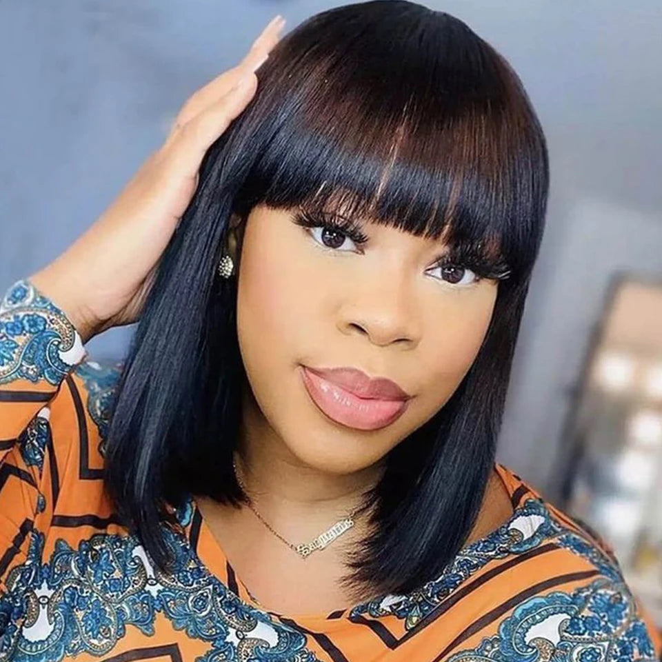 Brazilian Short Straight Hair Bob Wigs Non Lace Glueless Bob Wig Human Hair Wig With Bangs Remy Full Machine Made Wig for Women