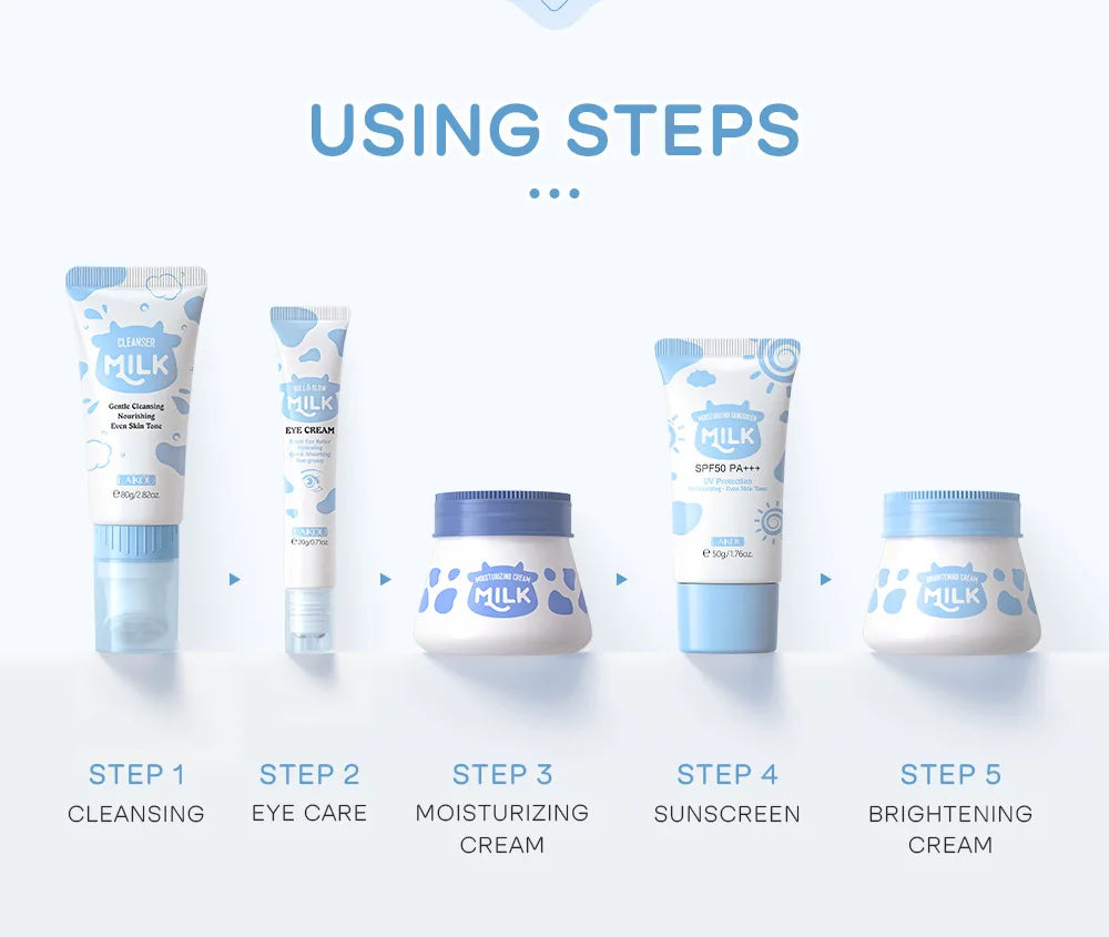 5pcs/box LAIKOU Milk Skin Care Sets Sunscreen Facial Cleanser Face Moisturizing Creams Eye Cream Repairing Smoothing Face Care