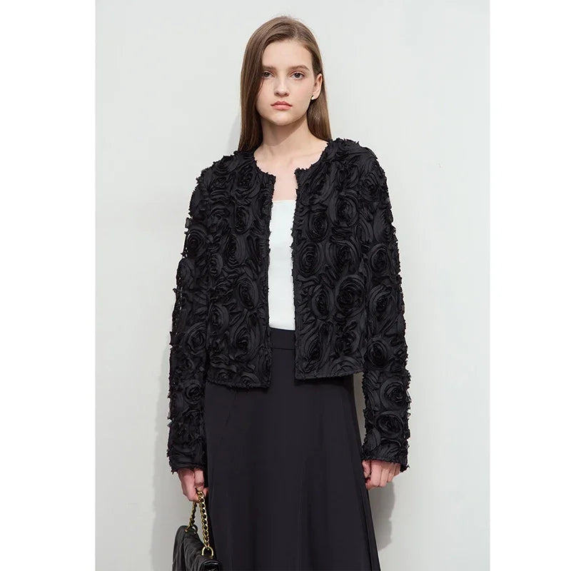 AMII Minimalism Short Jacket Women 2025 Autumn New Elegant Romantic Stereoscopic Flower O-Neck Hook Button Outwear Coat 12521066