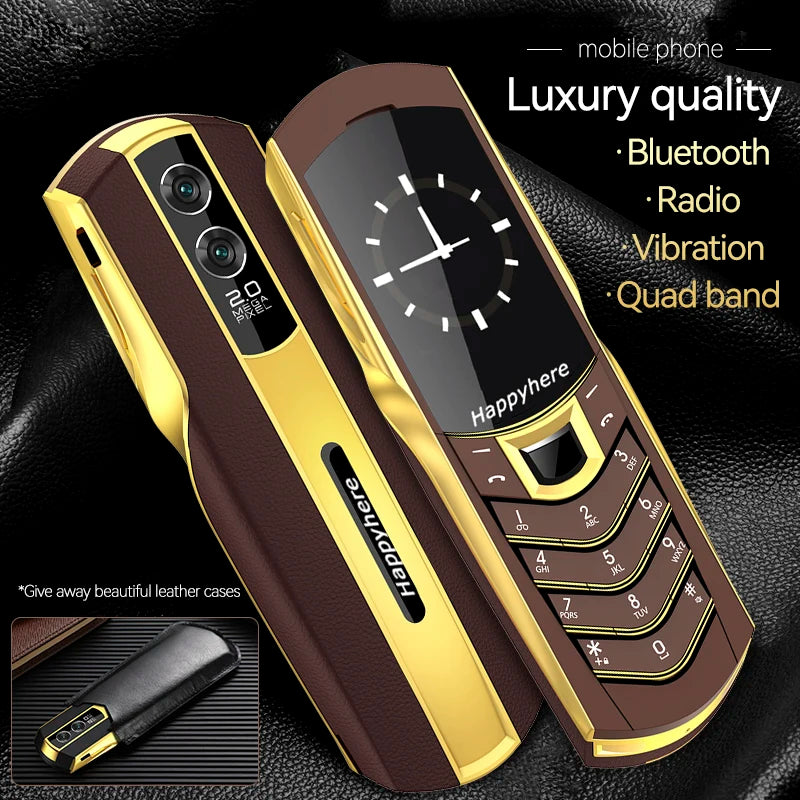New Unlock V8 Bar Luxury Metal Handmade Phone Quad band Dual Sim Leather case Bluetooth FM Radio Push-button mobile phone