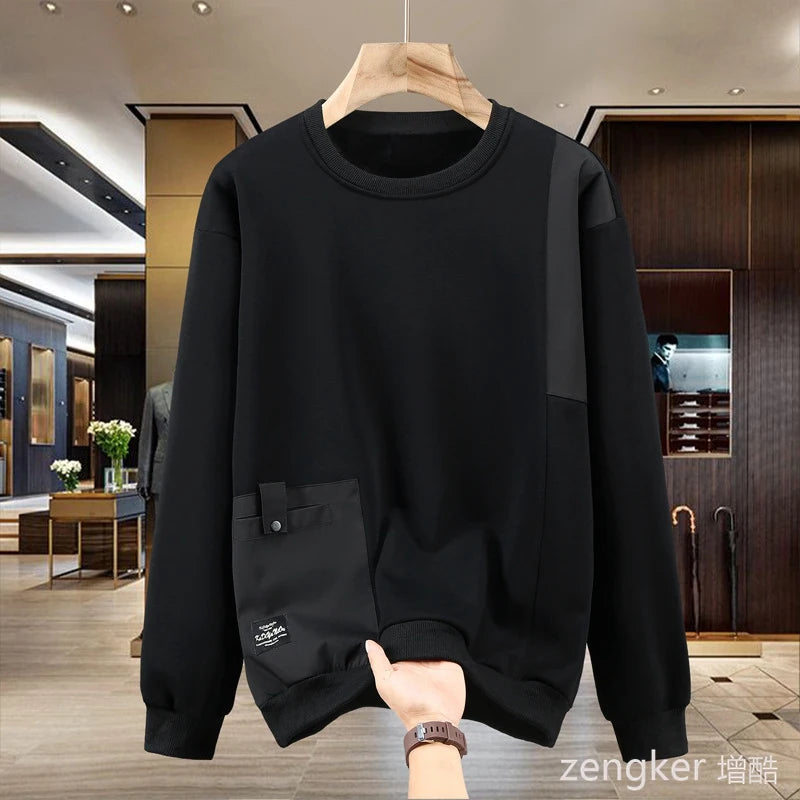 Extra-large spring autumn hoodie for men looseness round neck large size casual style patchwork design base shirt for overweight