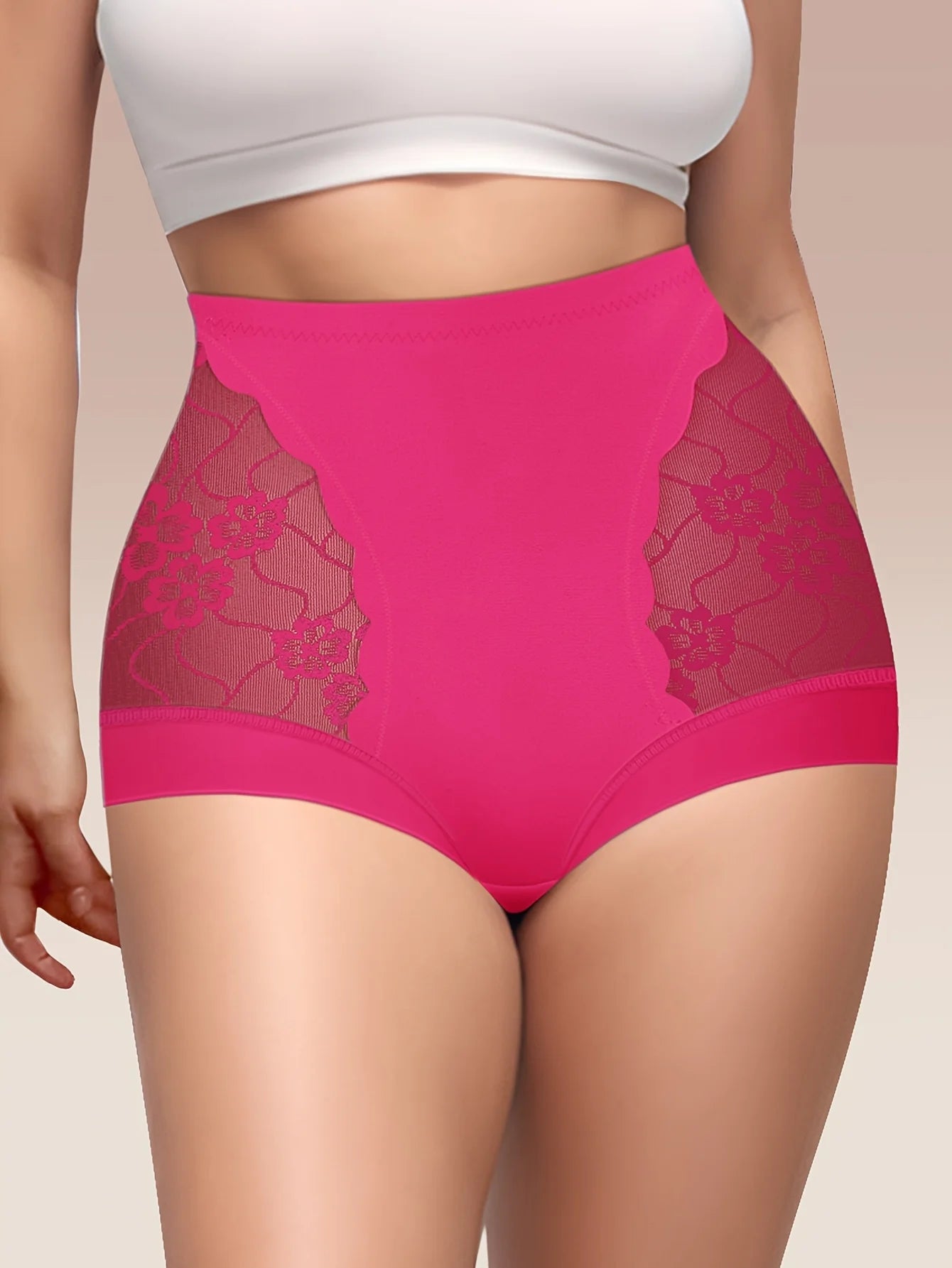 Women'S Plus Size High-Waisted Panties - Pink with Lace Floral Pattern, Breathable & Comfortable, 1XL-5XL, Polyester Material,