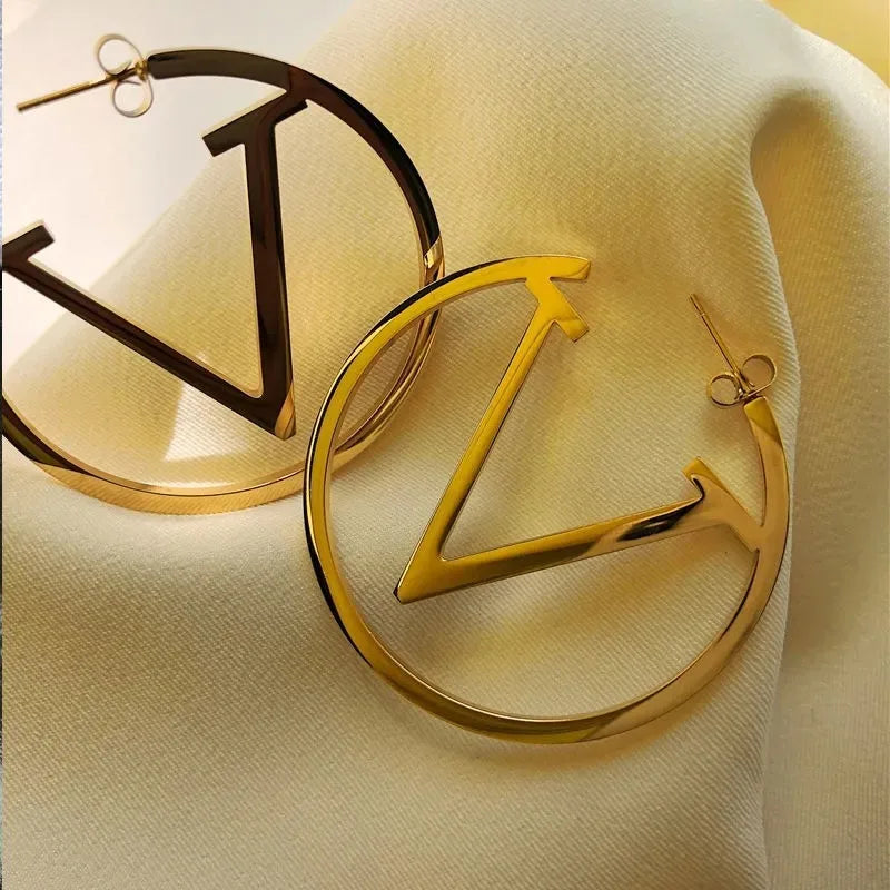 316L Stainless Steel Circular V Letter Exaggerate Earrings For Women Fashion High Jewelry Party Gift