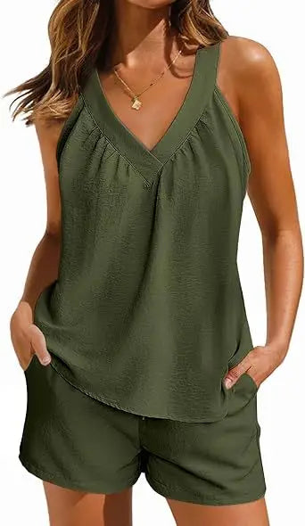New Summer Women's 2-piece Set Pink V-neck Vest Elastic Pocket White Stylish Black Shorts Set