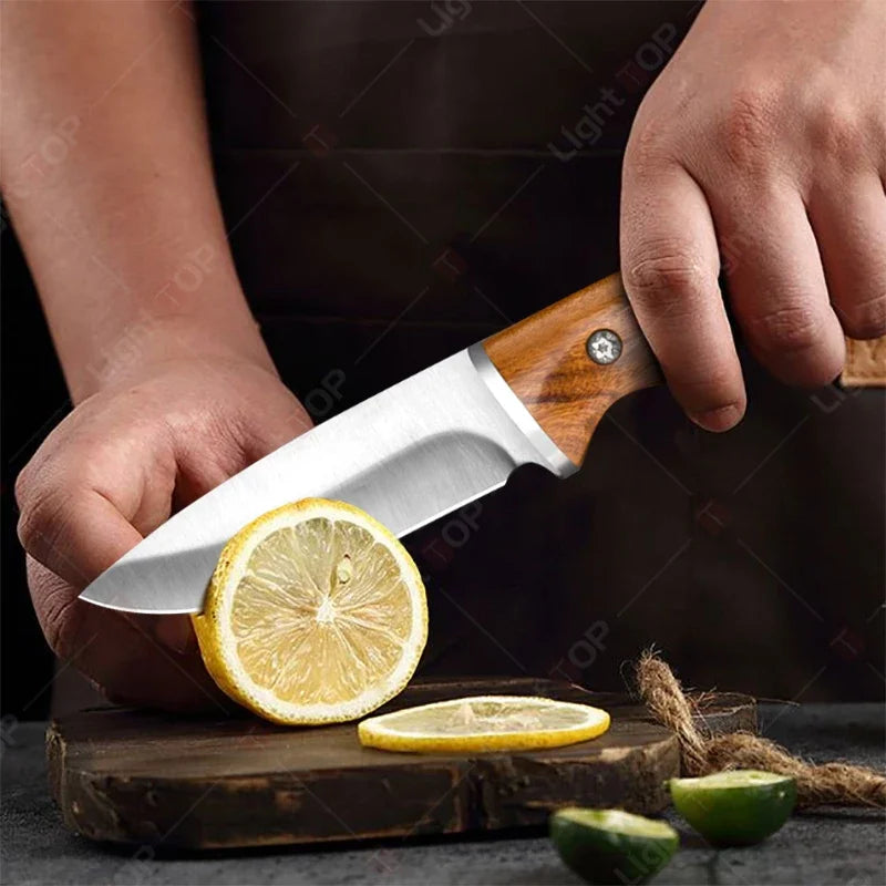 Kitchen Knife Supplies Forged Butcher Knife Fruit Slicing Bottle Opener Knife Multipurpose BBQ Cooking Chef Knife Wood Handle