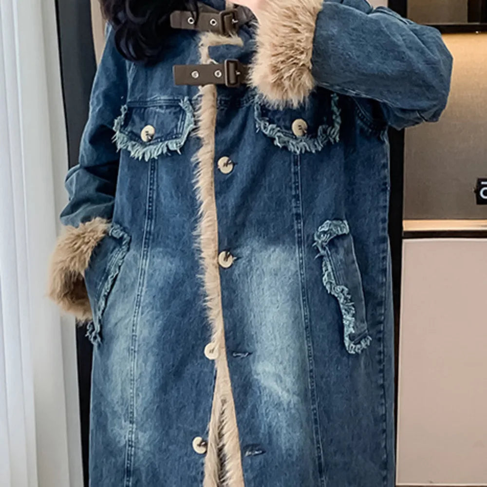WTHT New Fashion Women's Plush Edge Belt Buckle Warm Denim Long Coat 2024 Winter Trendy Single Breasted Jacket Female 1LS178