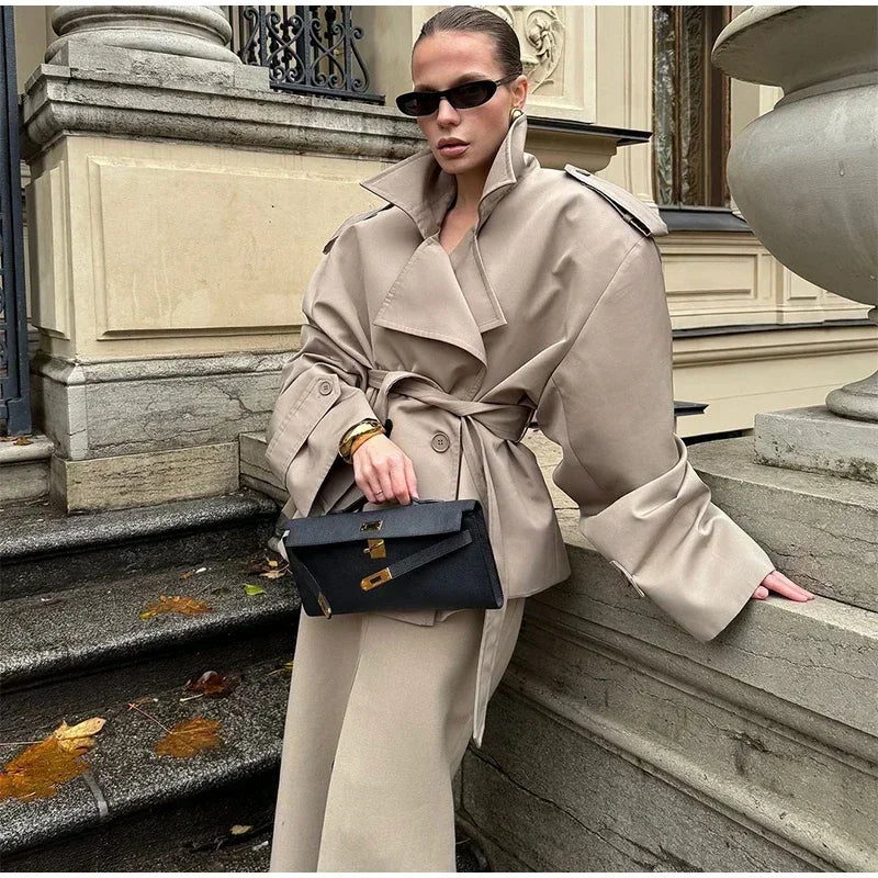 Solid Laepl Lace Up Trench Coat Women Fashion Full Sleeve Waist Cinching Short Windbreak 2025 New Autumn office commute outwear