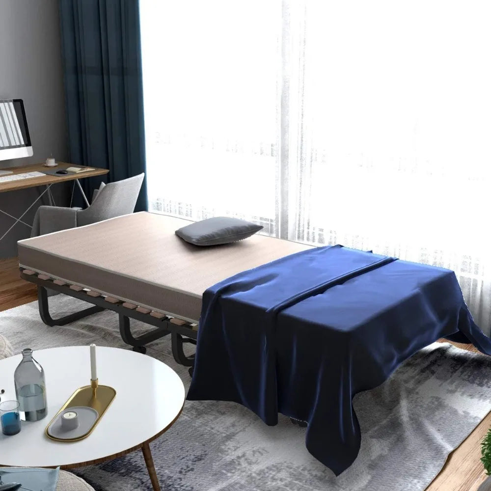 Folding Bed with 4 Inch Mattress, Foldable Rollaway Bed with Memory Foam Mattress for Adults, Portable Fold Up Guest Bed