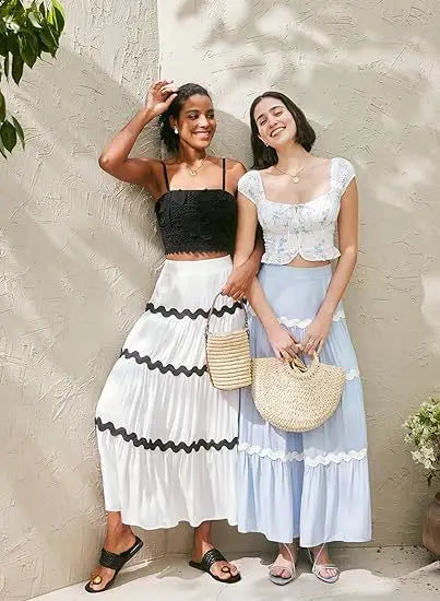 Women Dress Fashion Summer Women's Boho Elastic Waist A-line Skirt Fleece Frizzy Skirt Hem Layer Women's Vacation Outdoor Skirt