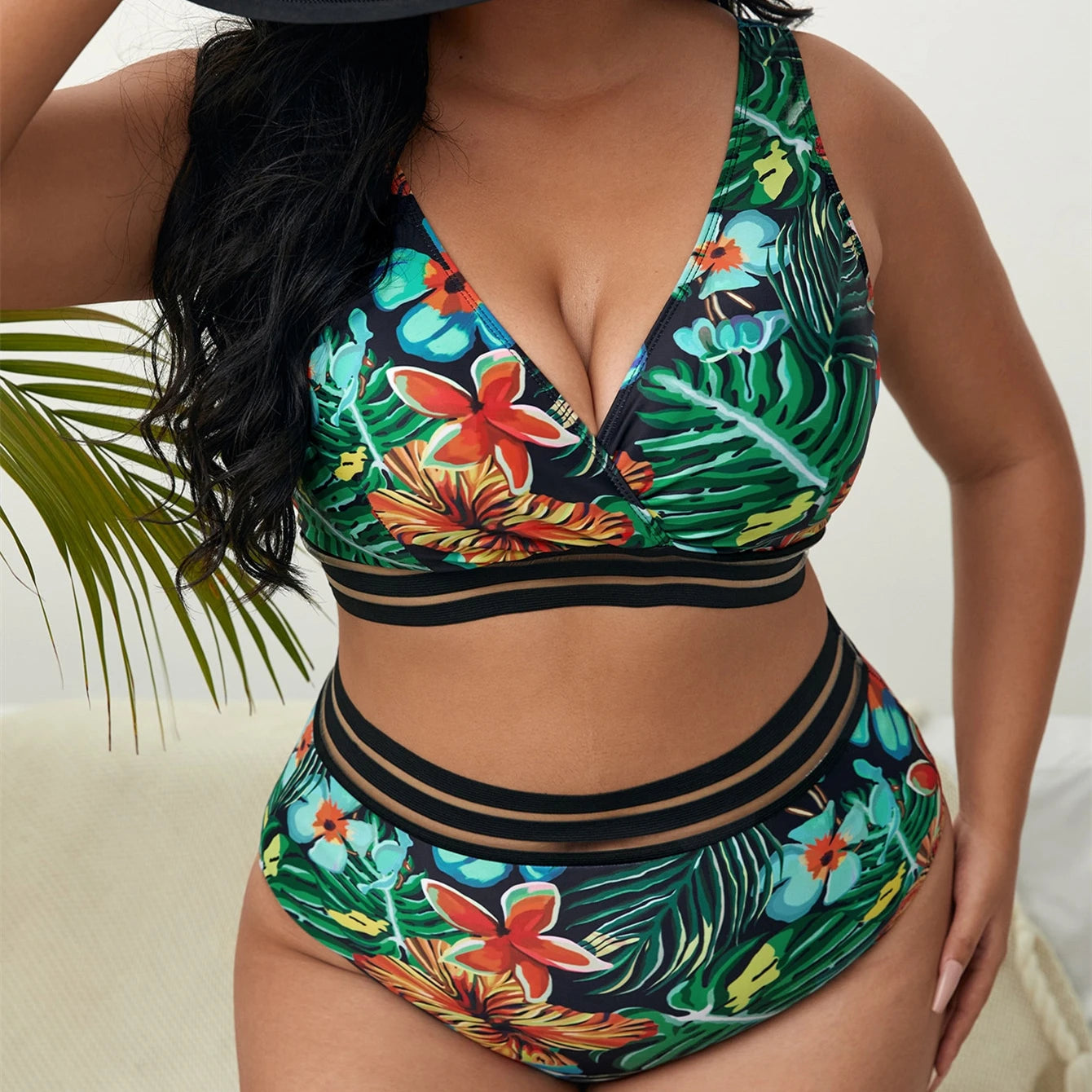 Plus Size Swimsuit Leaves Printed High Waist Two Pieces Bikini Set Swimsuit Female Women Beachwear Swimwear Bather Bathing Suit