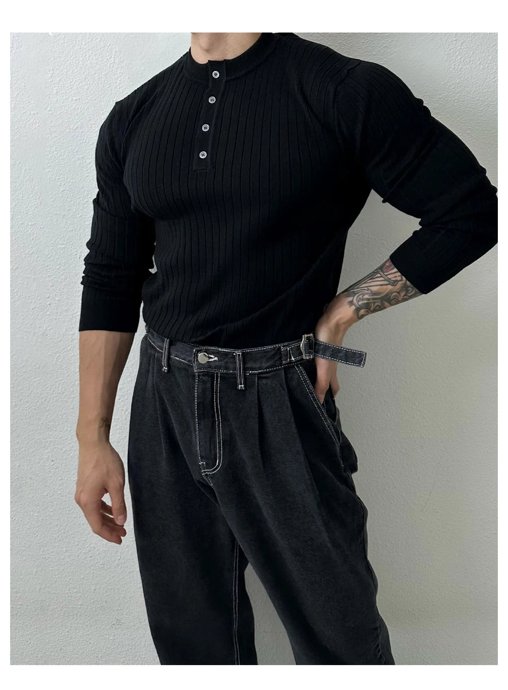 Autumn Clothing Men's Light Luxury Knit Korean Popular Henry Collar T-shirt Button-down Long Sleeve Retro Leisure Knitwear