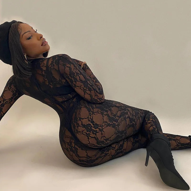 Mesh Sheer Hollow Out Long Sleeve Sexy See Through Skinny Exotic Jumpsuit Bodycon Summer Women Outfit Night Party with Gloves